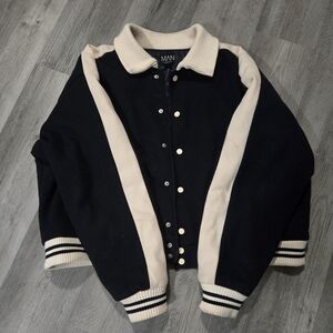 Boxy Blue & Cream Cropped Harrington Jacket